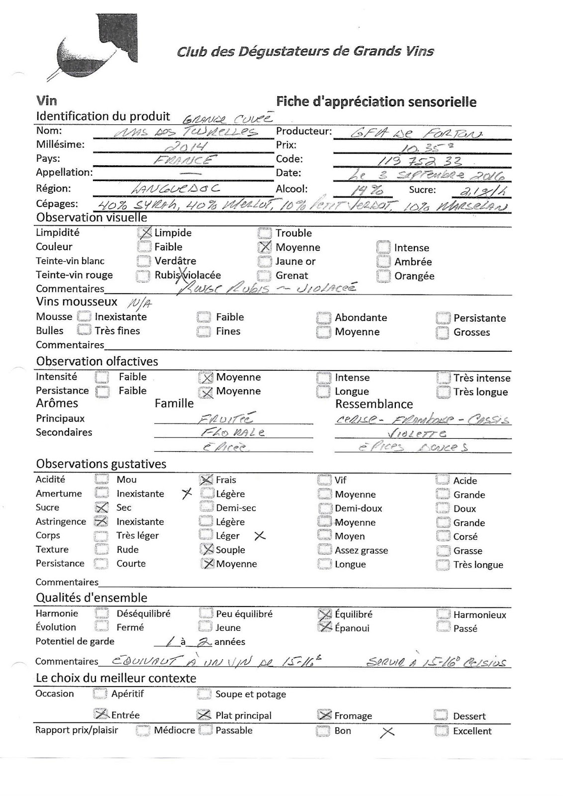 fiche degustation vin